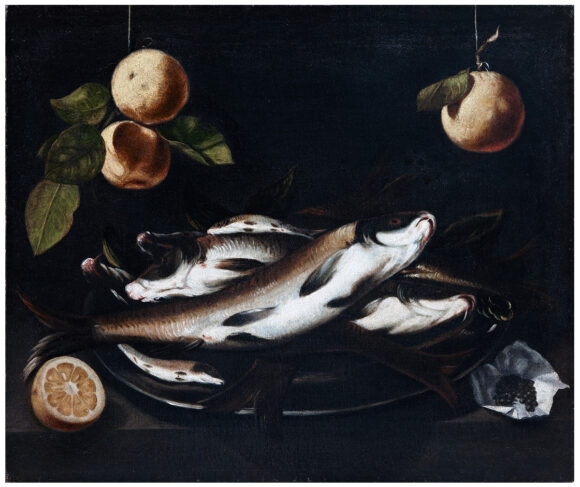 Bodegón con pescados, cítricos y pimienta negra Bodegón con pescados, cítricos y pimienta negra