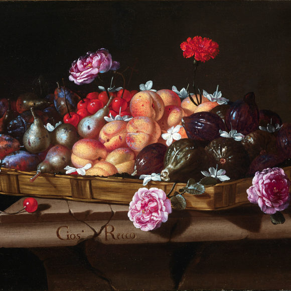 Bodegón con bandeja de frutas y flores