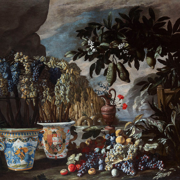 Bodegón con cidras, uvas y macetas de cerámica en un paisaje