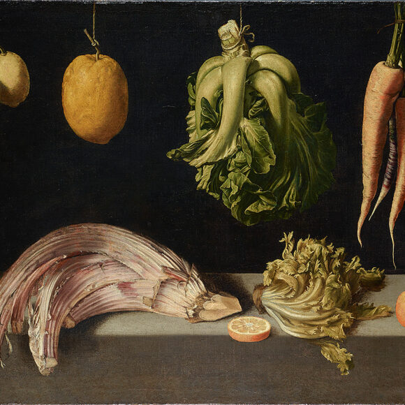 Bodegón con zanahorias, col, cidra, limones y cardo sobre plinto de piedra