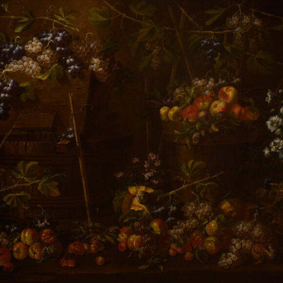 Bodegón con frutas y flores